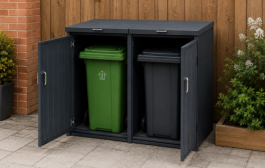 Double wheelie bin storage with secure doors
