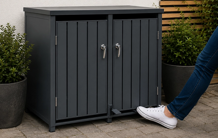 Hands-free pedal opening wheelie bin storage