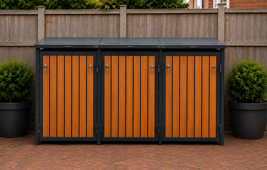 Triple wheelie bin storage with wood-effect doors